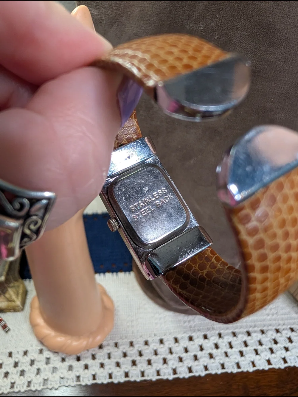 Geneva Silver-Tone Watch Orange Dial and Brown Leather Hinged Cuff Strap